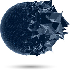 Dynamic 3D polygonal sphere of flying geometric fragments. Abstract visualization of digital transformation, artificial intelligence, data flow. Futuristic low poly structure of evolution, innovation