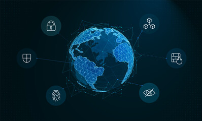3D Polygonal planet earth, security icons and network lines. Abstract background of digital protection, safe data transmission, and cybersecurity across global internet systems. Blockchain technology