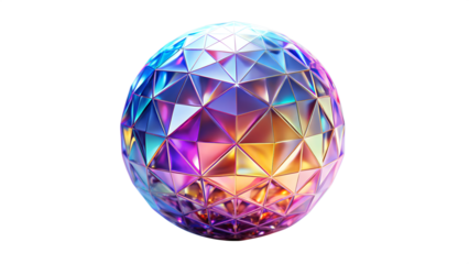 Colorful geometric sphere isolated on transparent background, showcasing a mesmerizing triangular pattern with vibrant hues and modern design
