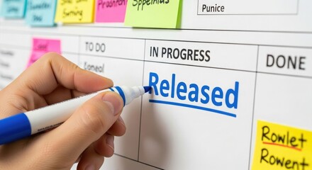 Hand writing Released on a Kanban board card task