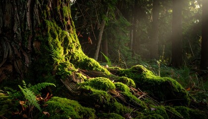 Sunlight streams onto mossy forest ground and tree roots