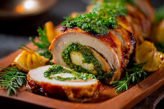 A beautifully sliced chicken roulade reveals a vibrant green herb paste filling. Garnished with fresh herbs and lemon, it looks ready to delight at dinner