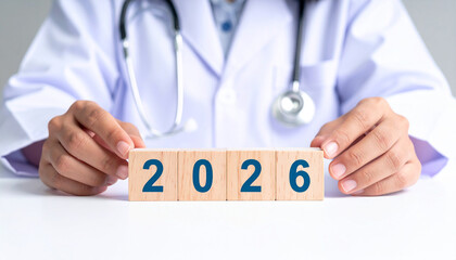 New Year 2026 Medical Concept Doctor Arranging Wooden Blocks