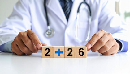 New Year 2026 Medical Concept Doctor Arranging Wooden Blocks