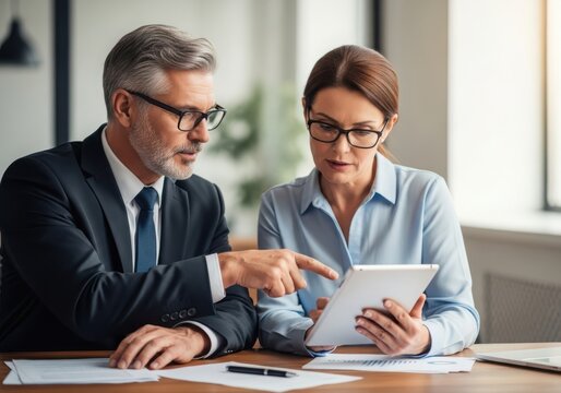 Business professionals collaborating and reviewing data on a tablet