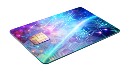 Futuristic credit card with abstract space and circuit design isolated on transparent background, a modern payment method