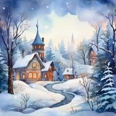 Fototapeta premium Watercolor Christmas village in the snow, Christmas card illustration.
