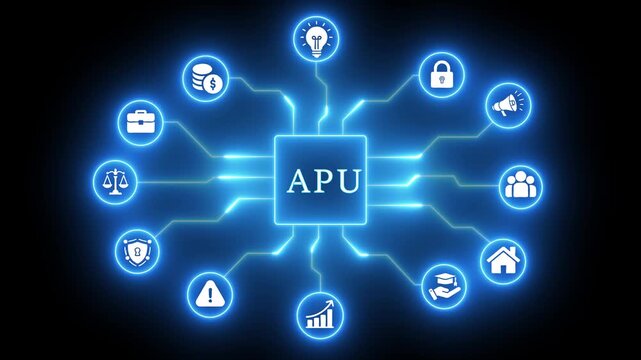 APU Accelerated Processing Unit with Business and Technology Icons Connected by Blue Neon Lines computer