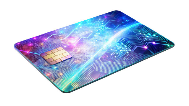 Futuristic credit card with abstract space and circuit design isolated on transparent background, a modern payment method