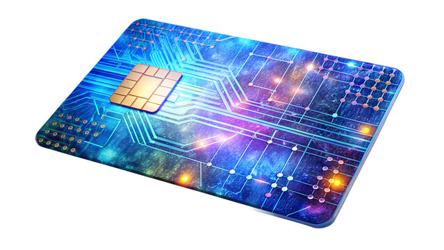 Modern credit card with futuristic circuit board design isolated on transparent background, a digital payment solution