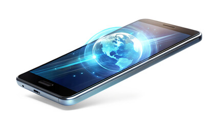 Modern smartphone displaying a digital globe, representing global connectivity isolated on transparent background