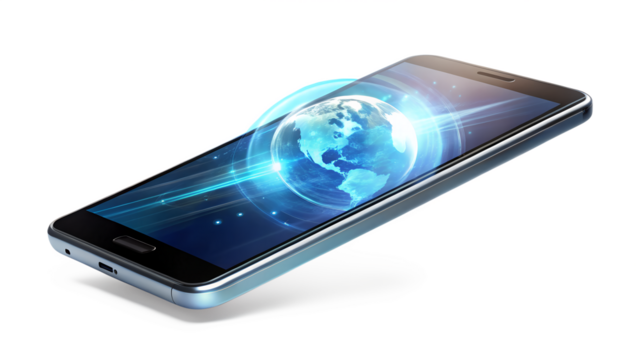 Modern smartphone displaying a digital globe, representing global connectivity isolated on transparent background