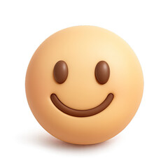Fototapeta premium A glowing 3D smiley face emoji, cream-colored with brown eyes and a smooth smile, radiating happiness on a dark background. This friendly, optimistic digital icon symbolizes joy, positive emotion for