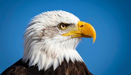 Fototapeta premium Close-up of a majestic bald eagles head with a sharp gaze against a clear blue sky.