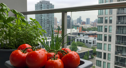 Fresh tomatoes and green herbs on balcony with urban skyline view  