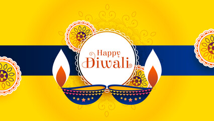 Website header or banner design with oil lamp on Yellow background for Diwali Festival, Happy Diwali. Graphic of Indian Rangoli. Rangoli - A traditional Indian art of decorating.