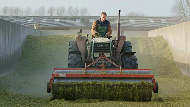 Medium shot of a farmer compacting chopped maize silage in a bunker ensuring optimal fermentation for highenergy cow feed during winter months.