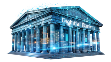 Digital bank building isolated on transparent background, representing modern financial institution and technology