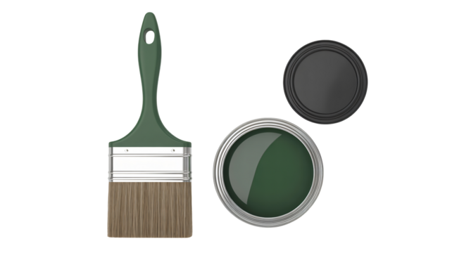 Professional paint brush and open can of deep green paint ready for home renovation projects and DIY decorating