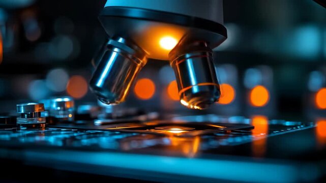 Microscope objectives hover over a glowing circuit board in a high-tech lab setting