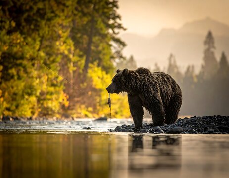 Grizzly bear by a river at golden hour