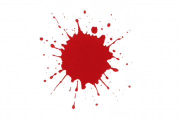 Red ink splat creating abstract paint splash with liquid drops, expressing creativity or messy accident on transparent background