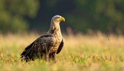 Majestic White-tailed Eagle Perched in Golden Meadow Sunlight.