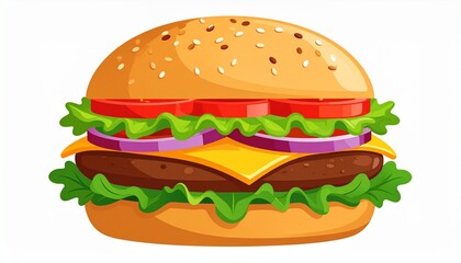 Vibrant cartoon illustration of a classic cheeseburger with fresh toppings isolated on a white background.