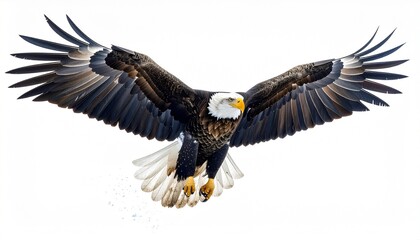 Majestic Bald Eagle Soaring with Wings Spread Wide Against White Background.