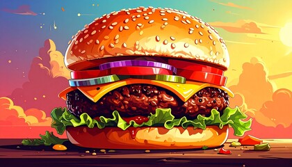 Delicious Gourmet Burger with Fresh Ingredients and Sesame Seed Bun.