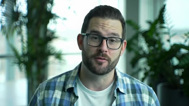 Confident young caucasian man (20s) with beard, glasses, in plaid shirt, smiles and gestures during eye-level video for remote interaction. Bokeh windows, plants. Contemporary online communication