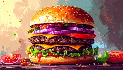 Delicious Double Cheeseburger with Fresh Toppings: A Mouthwatering Culinary Delight.