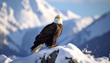 Majestic Bald Eagle Perched on Snowy Mountain Peak.