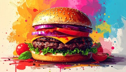 Delicious Gourmet Burger with Fresh Ingredients and Vibrant Watercolor Splash Background.