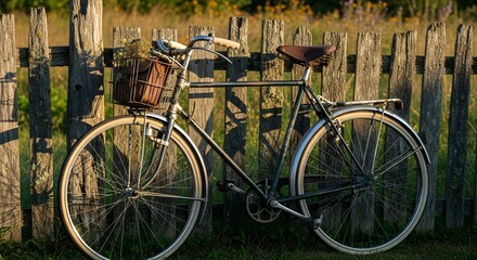 Fototapeta premium Vintage Bicycle with Basket Leaning Against Rustic Wooden Fence in Golden Sunlight