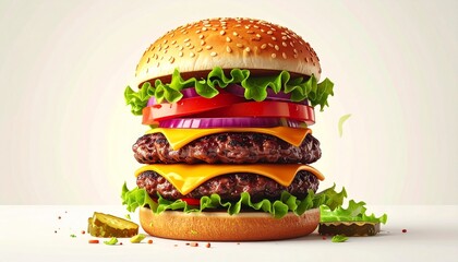 Delicious Double Cheeseburger with Fresh Vegetables and Sesame Seed Bun.