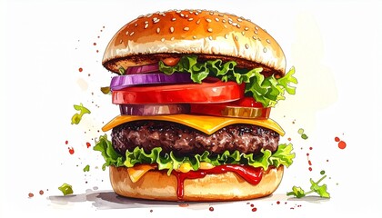 Delicious Gourmet Cheeseburger with Fresh Ingredients on White Background.