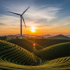 Majestic wind turbine stands tall amidst rolling hills at sunrise