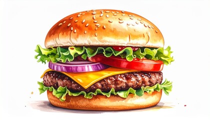 Delicious Watercolor Burger with Fresh Ingredients on White Background.