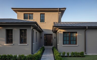 A photograph of a modern, two-story home with clean lines and a minimalist aesthetic.