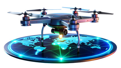 Drone flying above a world map isolated on transparent background, representing global connectivity and technology