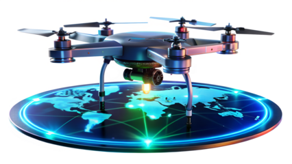 Drone flying above a world map isolated on transparent background, representing global connectivity and technology