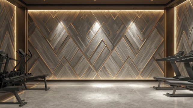 Modern gym interior featuring exercise equipment and a decorative geometric wall