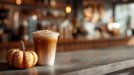 cup of pumpkin spice latte, small decorative pumpkin on beige background, coffee shop, coffee, seasonal menu, delicious drink, cafe, bar, Halloween, fall, autumn, October