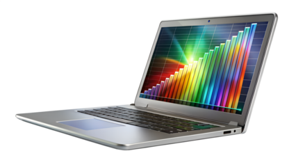 Laptop with colorful graph on screen isolated on transparent background, representing data analysis and business growth