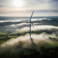 Majestic wind turbine stands tall amidst ethereal morning fog over rolling green hills