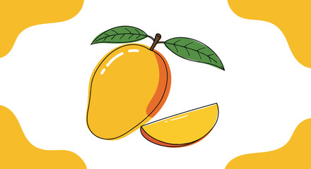 Hand-drawn ripe yellow mango fruit with green leaves and a slice, on a white background with wavy orange borders, tropical, sweet, summer, juice, illustration


