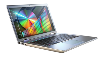 Laptop with colorful pie chart and graph on screen isolated on transparent background, representing data visualization
