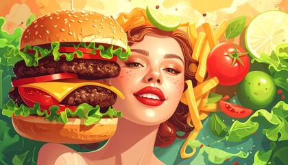 Vibrant Burger Delight: A Womans Portrait with Culinary Abundance.