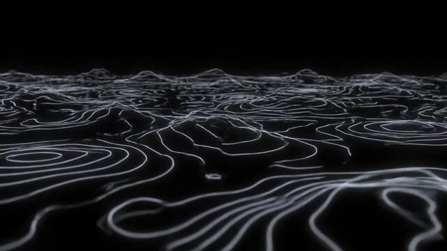 4K looping abstract animation of topographic contour lines creating flowing wave patterns on a dark background.